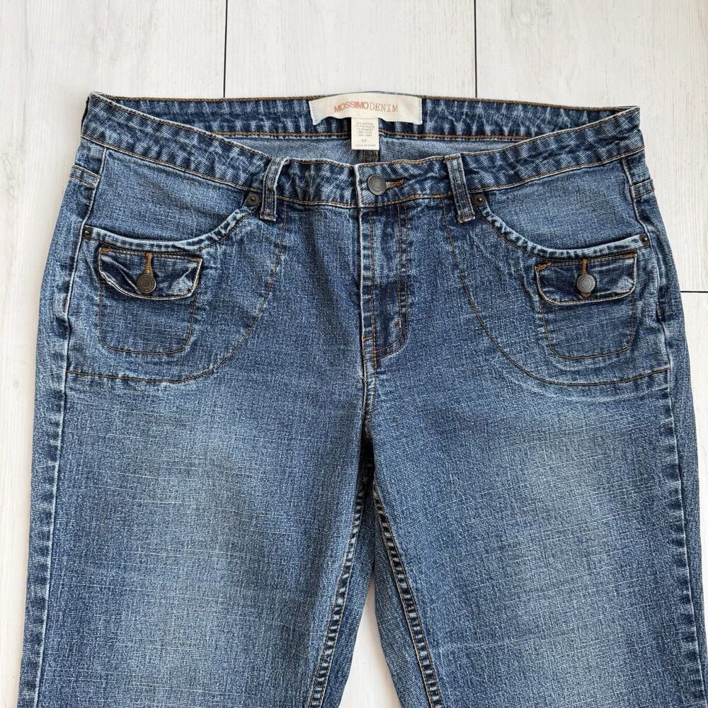 VTG MOSSIMO Jeans Womens 17 Low Rise Flare Dark Wash Coin Pocket Retro Y2K - Picture 2 of 9